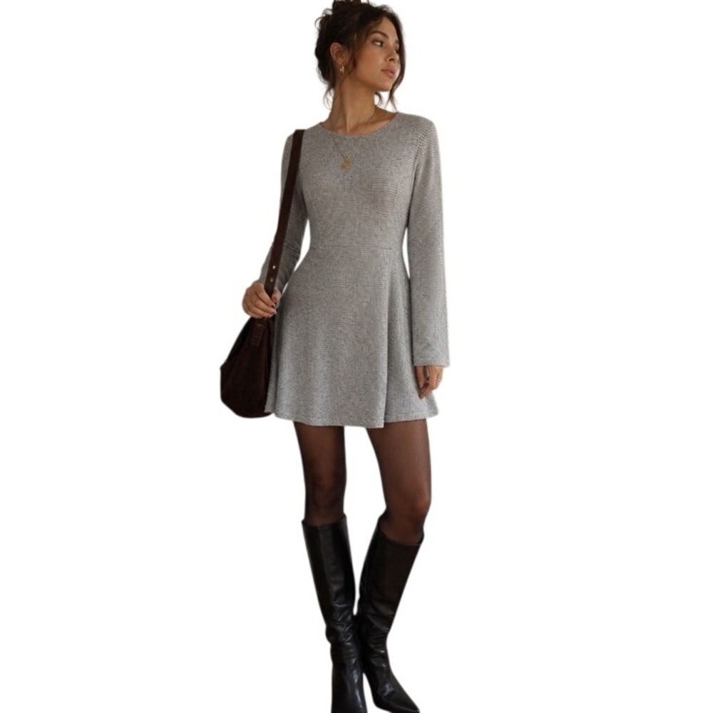 Gray Knit Fit & Flare Mini Dress Small 90s Minimalist Fall Long Sleeve